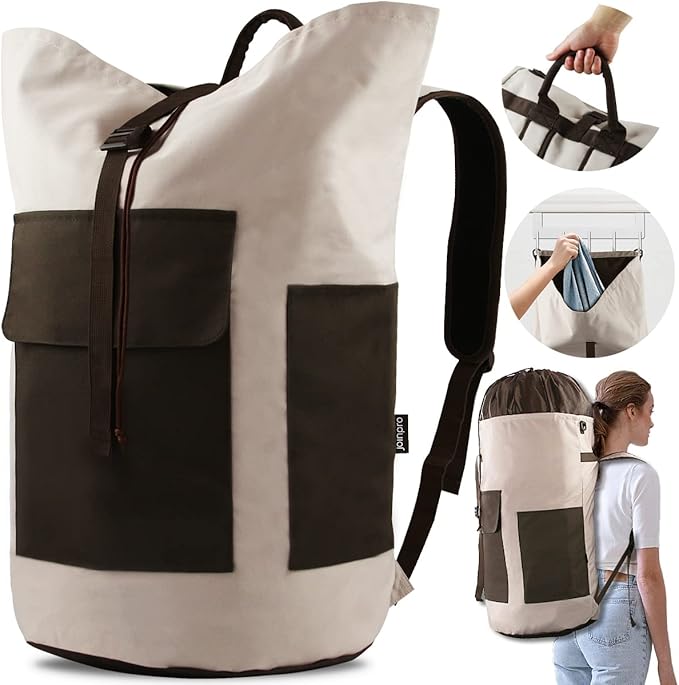 Laundry Bag Backpack, 125L Extra Large Laundry Backpack with Shoulder Straps, Adjustable Extendable Laundry Hamper Bag with 3 Pockets for College, Travel, Camping (Khaki)