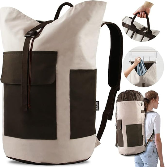 Laundry Bag Backpack, 125L Extra Large Laundry Backpack with Shoulder Straps, Adjustable Extendable Laundry Hamper Bag with 3 Pockets for College, Travel, Camping (Khaki)