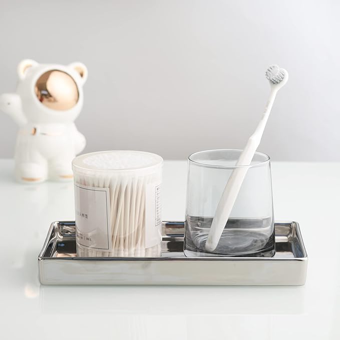 Jewelry Holder Ceramic Trinket Tray Rectangte Vanity Makeup Mirror Tray Silvery Small