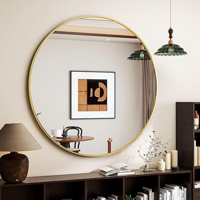 Gold Round Mirror, 24 Inch Circle Bathroom Mirror with Metal Frame, Wall-Mounted for Entryway, Bathroom, Vanity, Living Room