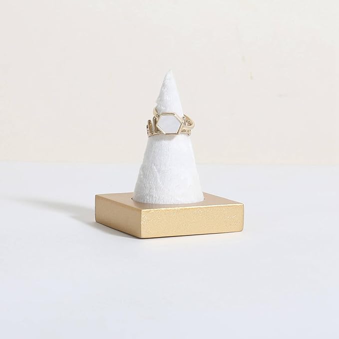 GemeShou Jewelry ring display holder for selling, velvet ring cone display stand, cute cone shaped ring holder with golden coated base,Small jewelry ring storage organizer【Ring holder-white 1 cone】