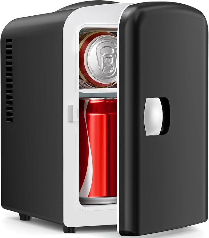 Compact Refrigerator, Portable Mini Fridge, Skin Care 4L Capacity/6 Cans, for Bedroom, Car, Office & Dorm, Small Cooler for Cosmetics, Beverage and Food, Black