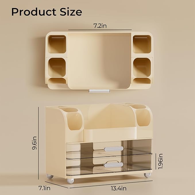Makeup Organizer for Vanity with 2 Large Drawers, Cosmetic Display Case with Brush Holders, Easy to Storage for Bathroom Countertop Skincare, Desk Office Supplies, Cream White