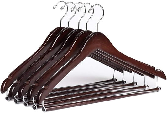 10 Quality Hangers Wooden Curved Hangers Beautiful Sturdy Suit Coat Hangers with Locking Bar Chrome Hooks (10)