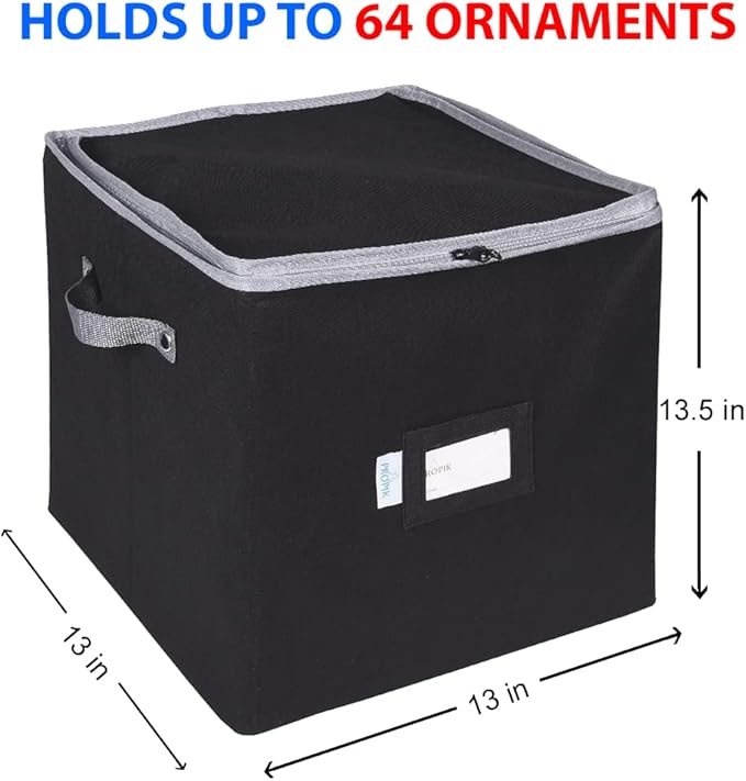 ProPik Christmas Ornament Storage Box, 4 Tier Holds Up to 64 Holiday Ornaments Decoration Balls, Storage Container with Dividers for 3” Bulbs, Made with Durable Oxford Polyester Material (Black)