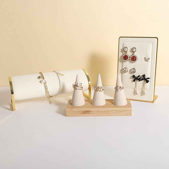 GemeShou Beige wood ring storage organizer, Velvet Jewelry ring display holder, Cute ring display stand for selling, wedding ring holder at nightstand【Beige with three cone】