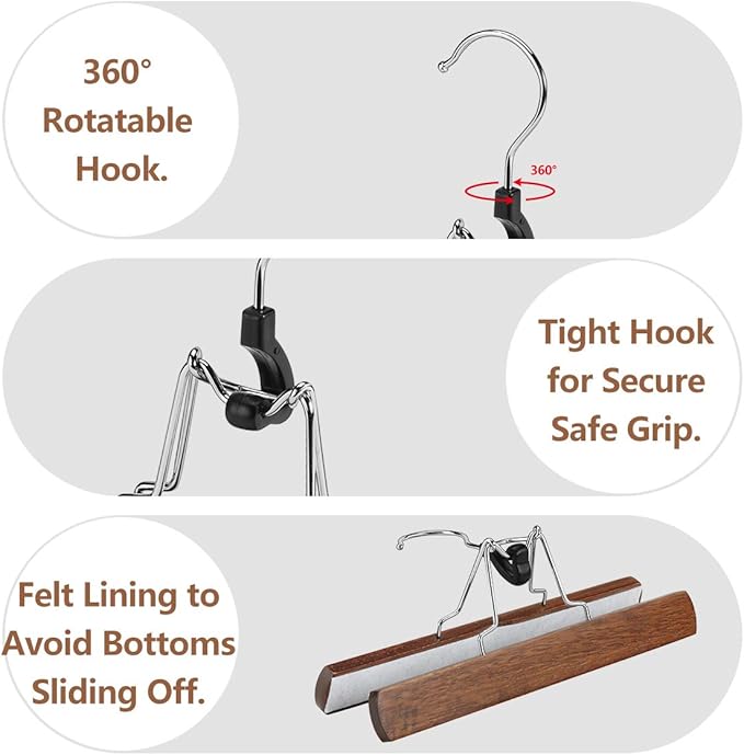 AMKUFO 12 Pack Wooden Pants Hangers with Clips Non Slip Skirt Hangers Walnut Trouser Clamp Hanger Solid Wood Hanger with 360° Swivel Hook