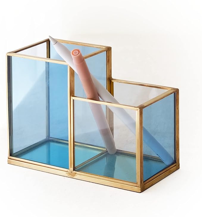 FONDAZZA Gold & Blue Glass Desk Organizer - Elegant Office Decor, Aesthetic Makeup Brush Holder, 2-Compartment Pen Holder, Pencil Cup, Vanity & Cosmetic Storage, Desk Accessories for Women