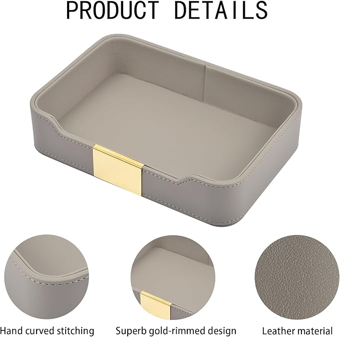Leather Jewelry Tray Desktop Storage,Luxury Perfume Tray Nightstand Organizer Entryway Decorative Tray,for Jewelry Watch Cosmetics Keys Phone Wallet Home & Office Accessories,Gray