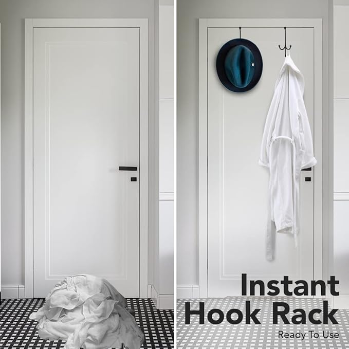 2-Pack Over The Door Hook - with 3 Hang Heads & Snug Fit Pads- 2Pcs Heavy Duty Hooks for Hanging Coats, Towels, Caps & Robes - Elegant Matt Finish - No Drill Hanger Organizer - Black