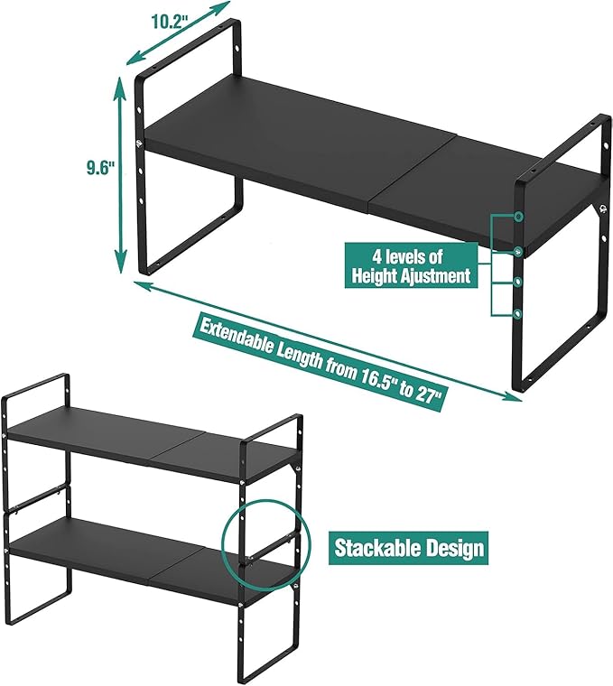 Expandable Cabinet Shelf Organizer Rack, Stackable Kitchen Counter Storage Shelves Stand, Adjustable Height Pantry Shelf Spice Rack, Heavy Duty Nonslip Black Large 3Pack
