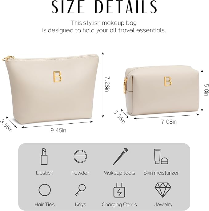 Valentine's Day Gifts for Women Girlfriend Initial Makeup Bag for Teen Girls Personalized Gifts for Friend Teacher Mom Wife Cosmetic Travel Toiletry Bag(Beige,B)