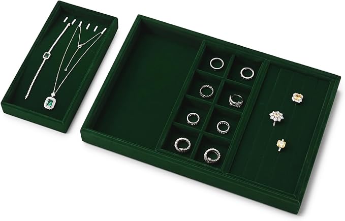 4 In 1 Velvet Jewelry Trays Jewelry Drawer Organizer Tray Stackable Jewelry Trays Necklace Bracelet Ring Earring Organizer Tray(Green)