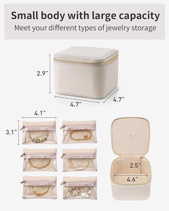 Vlando Jewelry Travel Case,Valentines Gift,Travel Jewelry Organizer with Clear Velvet Jewelry Bags 6Pcs Zipper Pouch for Women Girl Birthday Gift-White
