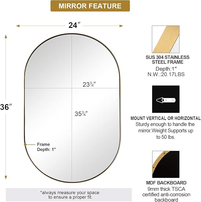 ANDY STAR Gold Oval Mirror, 24’’x36’’ Brass Mirror for Wall, Oval Mirrors for Bathroom in Stainless Steel Metal 1’’ Thin Frame Pill Shaped Hangs Vertical or Horizontal Ideal for Limited Space