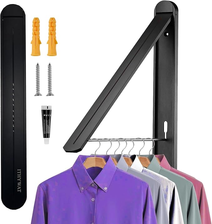 Retractable Clothes Rack -Stealth Hangers, Wall Mounted Folding Clothes Hanger Drying Rack for Laundry Room Aluminum, Wall Decoration Hangers (Black)