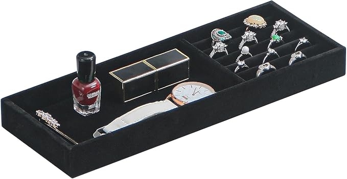 2Pcs Desk Drawer Storage Tray, Nightstand Organizer Tray, Necklace Bracelet Ring Earring Jewelry Display Tray, Grid Table Organizer Holder Tray for Sunglass, Phone, Watch, Perfume (2 grid)/Black