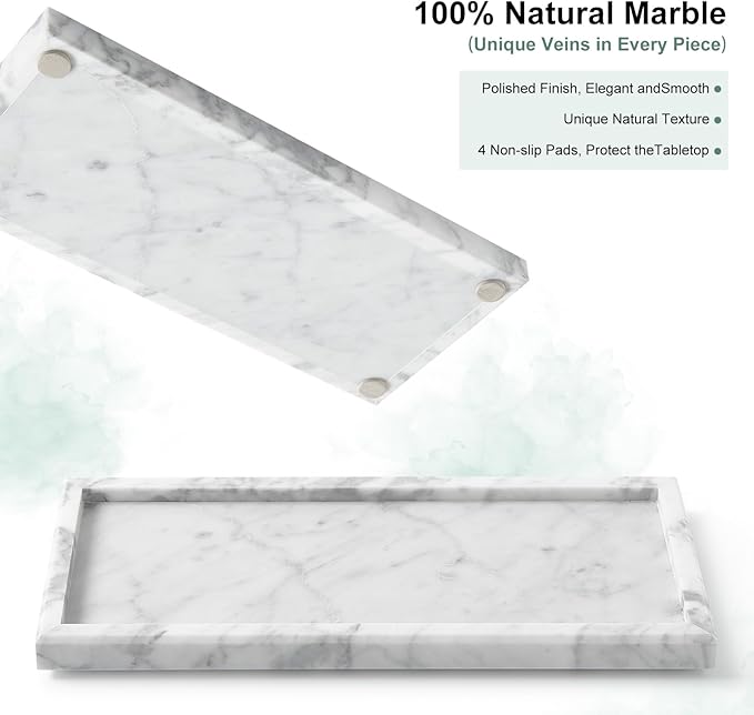 Luxury Natural Small Marble Tray for Bathroom Vanity and Kitchen Sink, Stone Countertop Organizer for Soap Dispenser, Jewelry, Perfume, Candle, Ring, Home Decor, Non-Resin Non-Ceramic