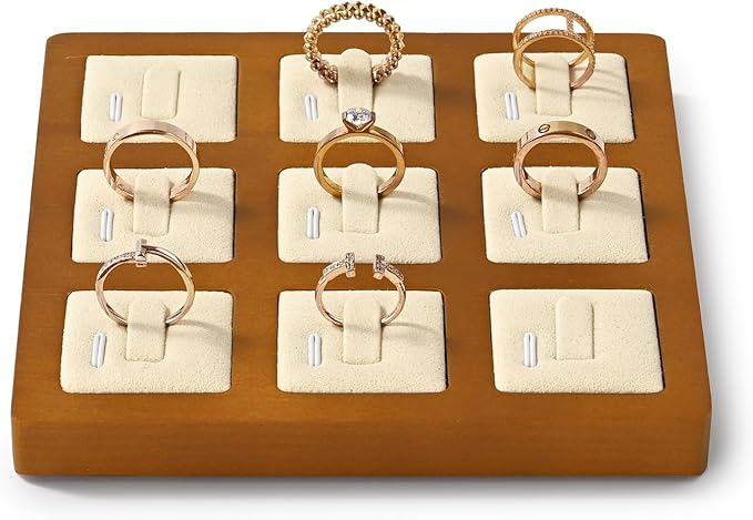 Oirlv Solid Wood Ring Display Stand Showcase Ring Display Organizer Tray 9 Bits Jewelry Holder(Creamy-white)