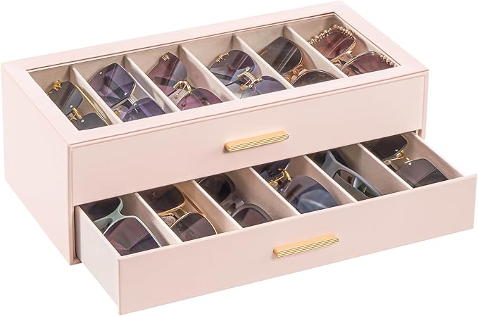 Lolalet Beige Sunglasses Storage Box for Women, Eyewear Eye Glass Organizer with Clear Top Lid Display Holder Case