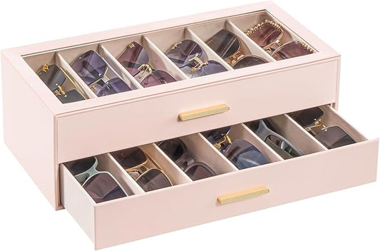 Lolalet Beige Sunglasses Storage Box for Women, Eyewear Eye Glass Organizer with Clear Top Lid Display Holder Case
