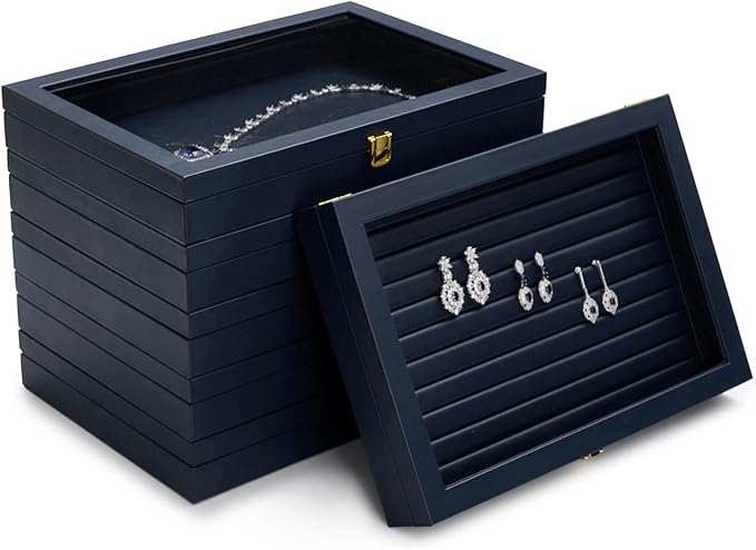Oirlv Premium Blue Leather Jewelry Tray with 24 Grid Removable Jewelry Cards Jewelry Organizer Box with Transparent Acrylic Lid Necklace Pendant Display Case