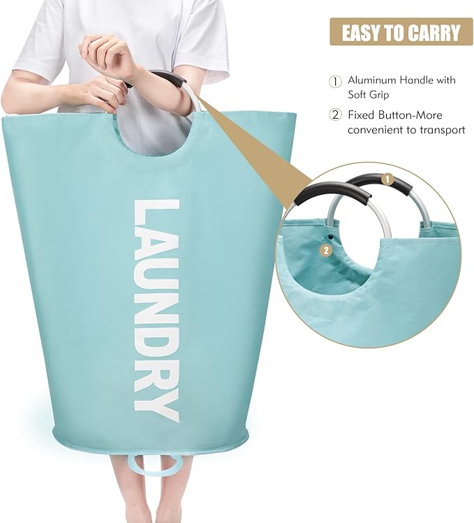 90L Large Laundry Basket, Freestanding Tall Clothes Hamper, Collapsible Laundry Bag, Light Blue