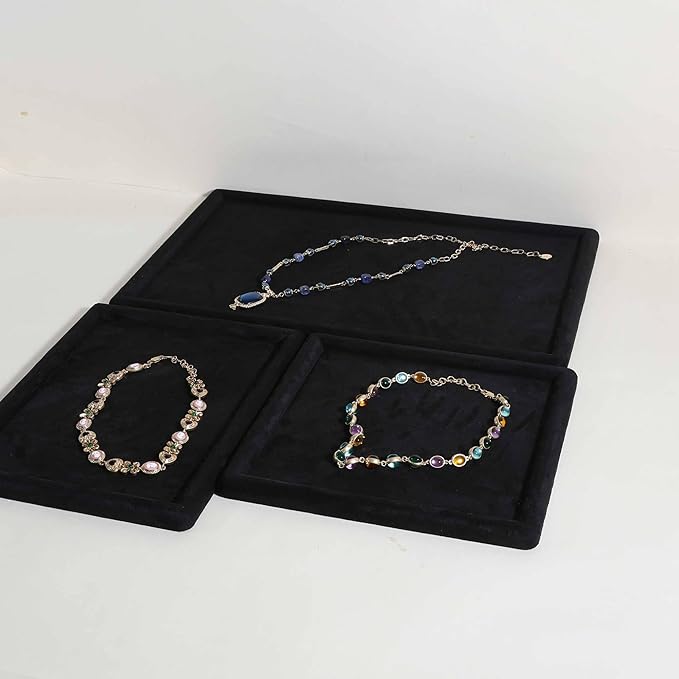 Rectangle Jewelry storage organizer plate, Velvet Jewerly display tray, Empty showcase tray for Necklace Bracelet Ring Earring【Black-Large, 17.7 x 11.8 in 】