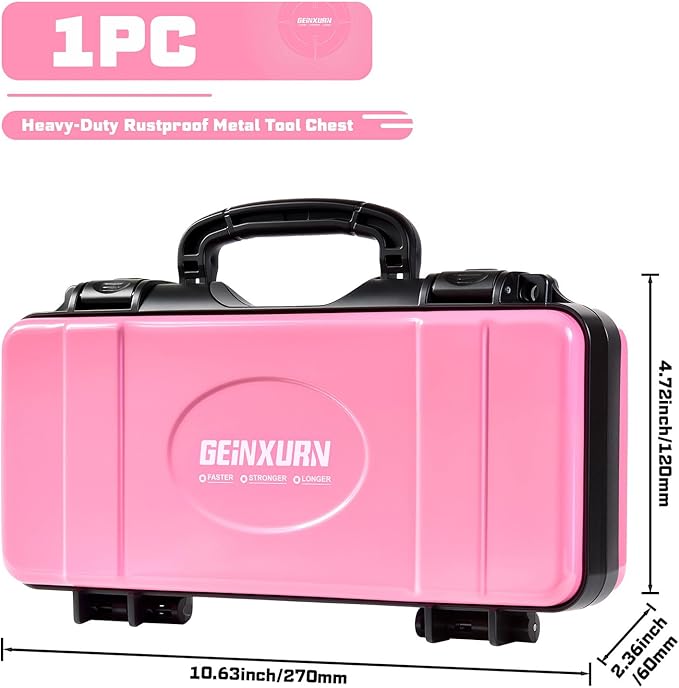 11”Pink Tools Box, Portable Steel Heavy-duty Tool Case with Safety Latch and Handle for Tools Storage and Organizers, Home DIY