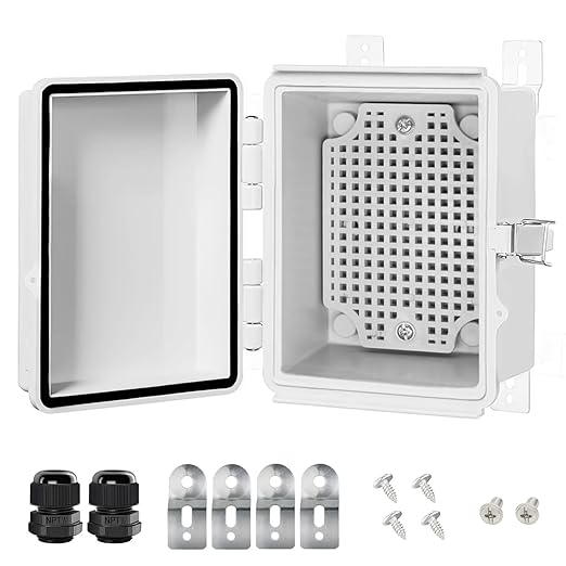 LeMotech Electrical Box, IP67 Waterproof Hinged Cover Stainless Steel Latch Junction Box, ABS Plastic Electrical Enclosure with Mounting Plate,Wall Brackets, Cable Glands,4.7"x3.5"x2.7",Grey