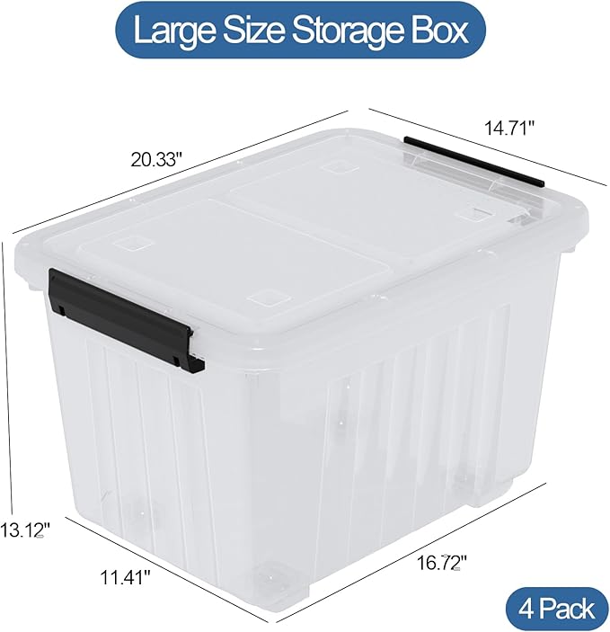 50 L Plastic Storage Bin with Wheels, Large Clear Latching Storage Box, 4 Pack