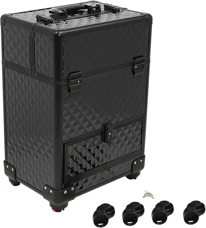 Professional Rolling Makeup Case Pro Makeup Artist Cosmetic Train Case Hairstylist Travel Case Portable Make Up Station with Lockable Drawer & 4 Swivel Wheels - Black