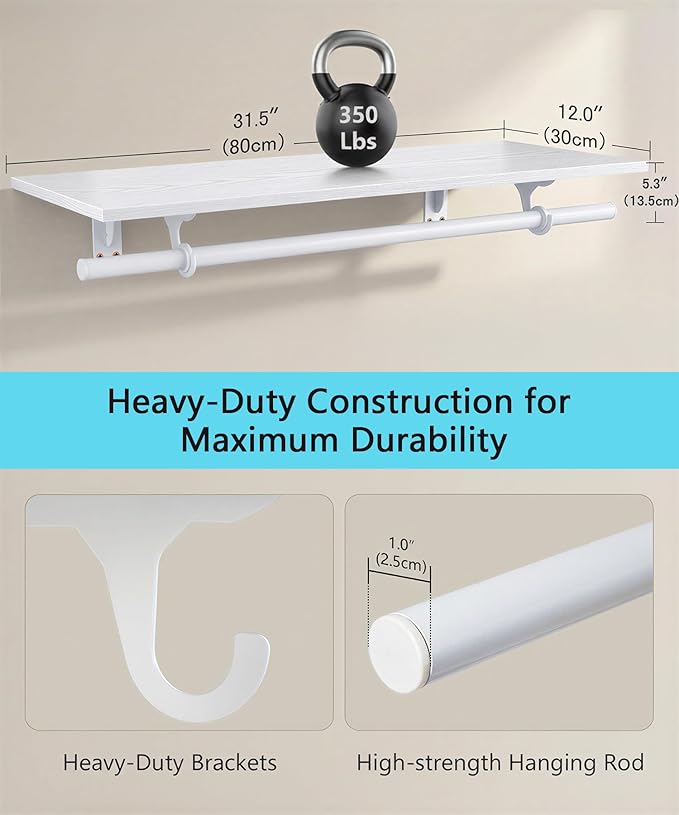 FIRJOY Wall Mounted Clothes Rack, with Top Shelf and Hanging Rod, Heavy Duty (White, 1 PACK 11.8" x 31.4")