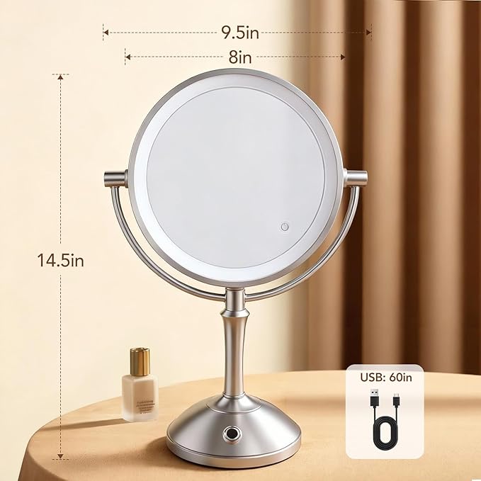 PJE Vanity Mirror with Lights,360 Mirror Magnifying Mirror with Light 10X,3 Light Settings Rechargeable Makeup Mirror,Dimmable Touch Control Tabletop Makeup Mirrors with Lights for Home,Hotel & Salon