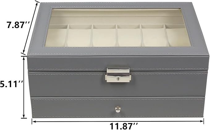 Ogrmar 12 Slot PU Leather Lockable Watch Storage Boxes, Men & Women Jewelry Display Drawer Case, 2-tier Organizer Watch Showcase with Glass Lid (Grey)