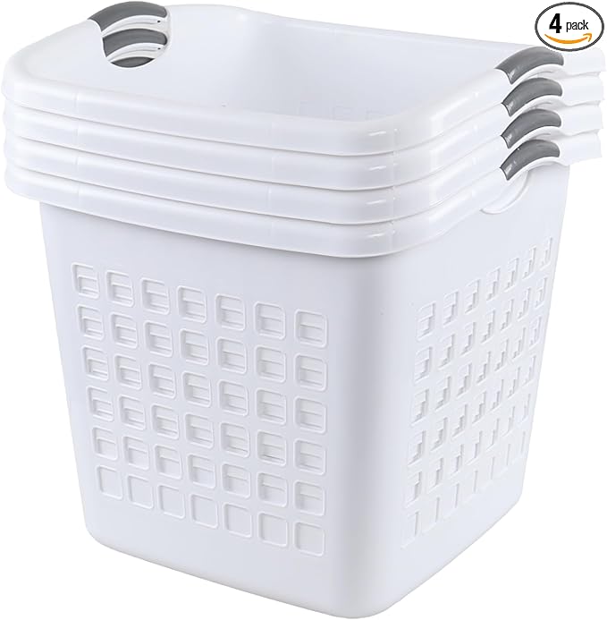 4 Packs Large White Laundry Basket, Plastic Clothes Hamper with Handles