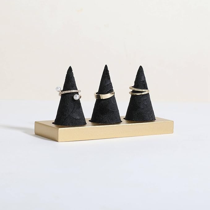 GemeShou black jewelry ring display holder for selling, velvet ring cone display stand, cute cone shaped ring holder with golden coated base,Small jewelry ring storage organizer【Ring holder-black】