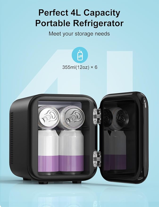 CROWNFUL Mini Fridge, 4 Liter/6 Cans Portable Skincare Fridge, AC/12V DC Cooler and Warmer Personal Refrigerator for Bedroom, Car, Dorm, Office, Food, ETL Listed Black