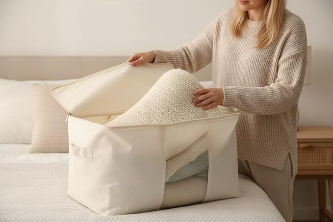 Soft Large Canvas Comforter Storage Bags with Four Carrying Handles and Clear Window, Closet Organizer for Clothing, Blankets Sheets Pillows and Bedding, 80L, 6 Pack, Beige