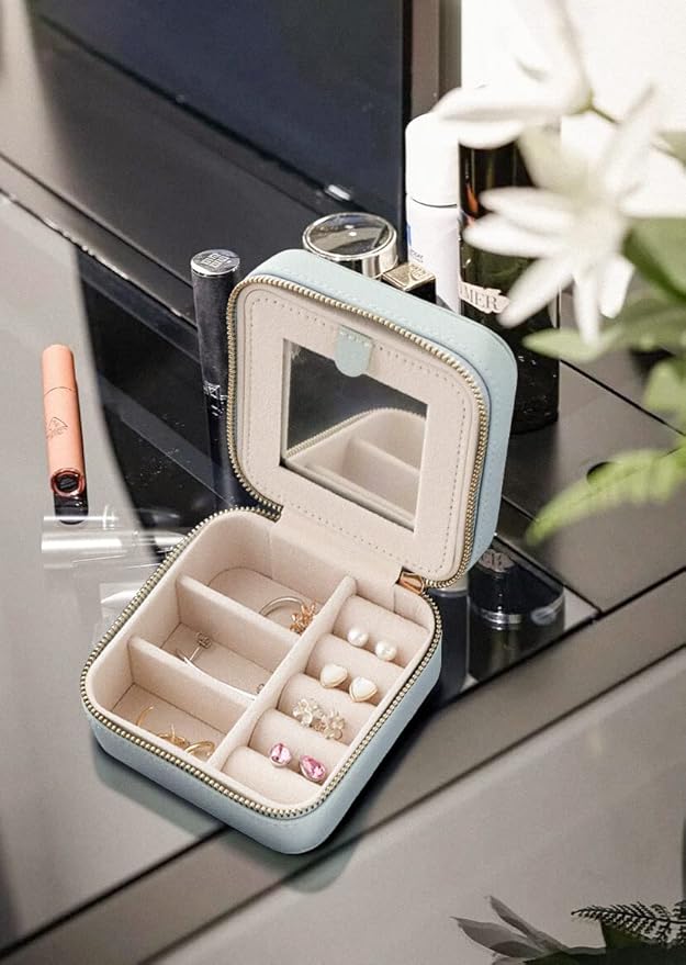 S.Leaf Travel Jewelry Organizer Boxes for Women Small Portable Necklace Earrings Bracelet Rings Travel Case Best Friend Birthday Gifts for Women Trendy (02_Lychee_Haze_Blue)
