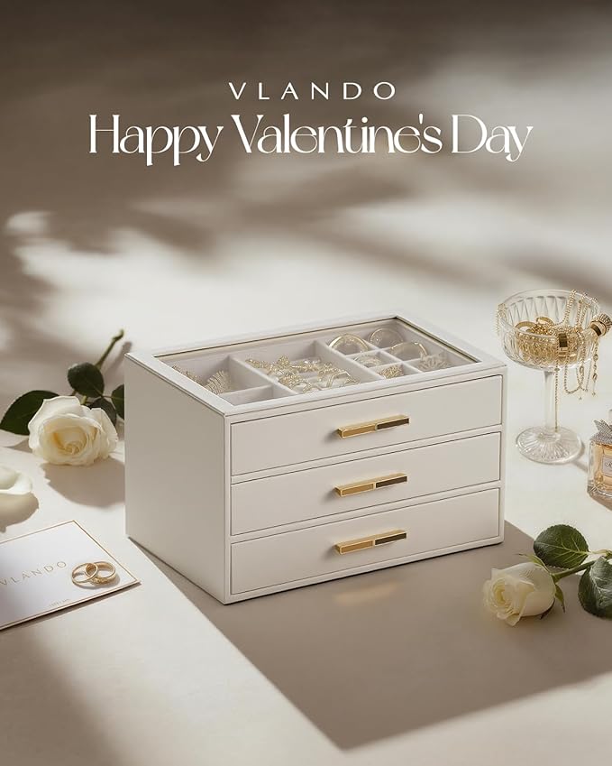 Vlando Jewelry Box for Women, Glass Lid Jewelry Organizer with 3 Drawers for Necklaces Rings Earrings Bracelets Mother Day Gift for Mom - Cloud White
