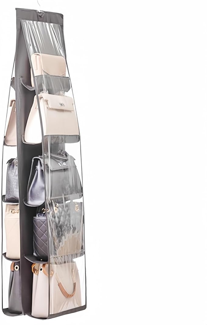 HAN SHENG 10 Pockets Clear Handbag & Purse Organizer Hanging Bag Storage - Space Saving Hanging Shelf for Closet, Wardrobe, Over Door (1 Pack, Grey)