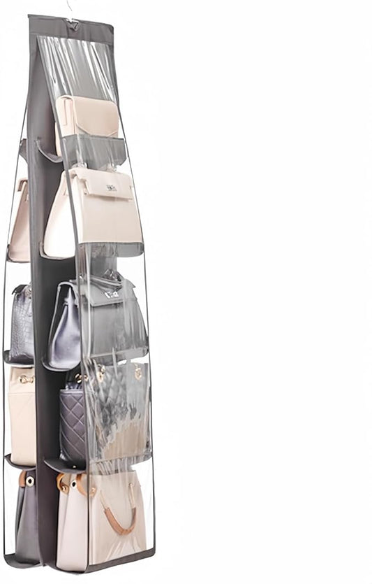 HAN SHENG 10 Pockets Clear Handbag & Purse Organizer Hanging Bag Storage - Space Saving Hanging Shelf for Closet, Wardrobe, Over Door (1 Pack, Grey)