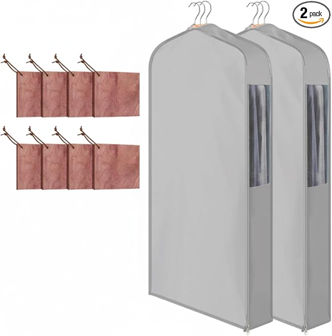 2 Sets 40'' x 24'' x 6'' Short Cotton Garment Bags for Hanging Clothes and Storage, 8 Cedar Blocks for Fresh Smell and Moth Protection, Breathable Covers for Closet Suits Fur Coats Sweaters