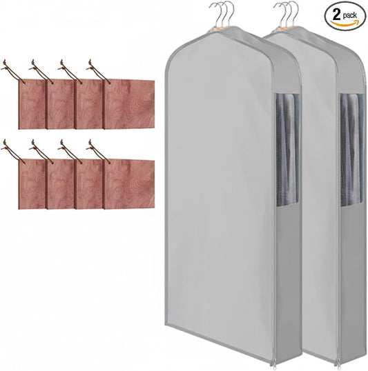 2 Sets 40'' x 24'' x 6'' Short Cotton Garment Bags for Hanging Clothes and Storage, 8 Cedar Blocks for Fresh Smell and Moth Protection, Breathable Covers for Closet Suits Fur Coats Sweaters