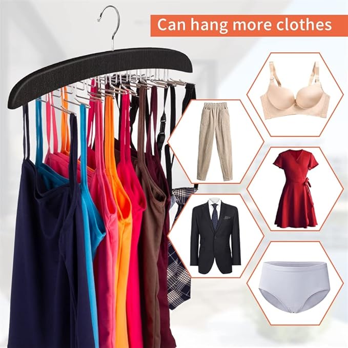 3 Pack Tank Top & Bra Hanger, Tie & Belt Hanger with Natural Wood, 24 Space Saving, 360 Rotating, Foldable Metal Hooks, Closet Organizer and Storage Rack for Tank Tops/Bras/Ties/Belt (Black)