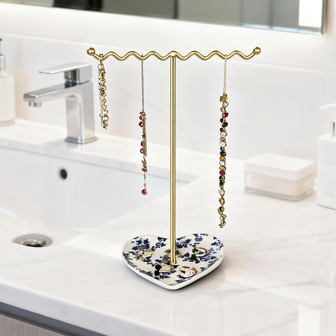 Elegant Jewelry Holder Tree Stand with Ceramic Tray - Metal Necklace Holder Organizer for Rings Bracelets Earrings - Tangle Free, Rustproof Decorative Display for Vanity Dresser Blue and White
