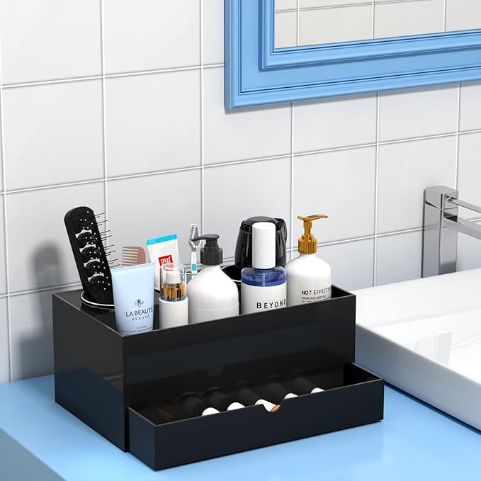 NIUBEE Hair Tool Organizer, Black Acrylic Hair Dryer and Styling Organizer with Drawer, Bathroom Countertop Blow Dryer Holder, Vanity Caddy Storage Stand for Accessories, Makeup, Toiletries