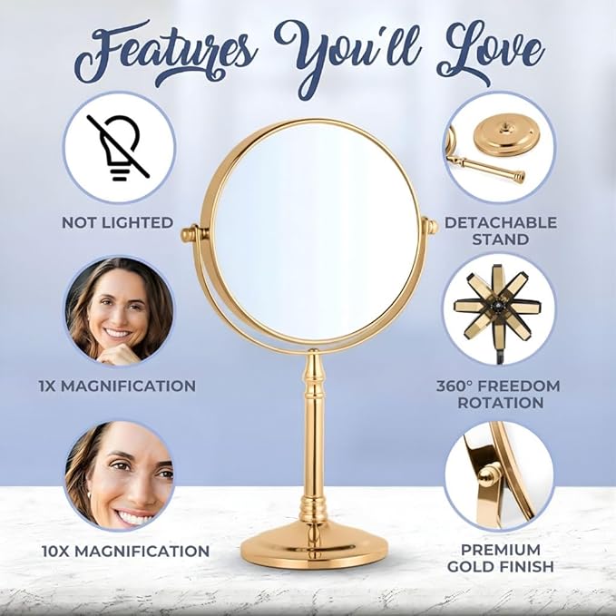 MIRRORVANA Large Double Sided 10X and 1X Magnifying Makeup Mirror with Stand in Gift Box, 15” Tall and 8” Wide (Gold)