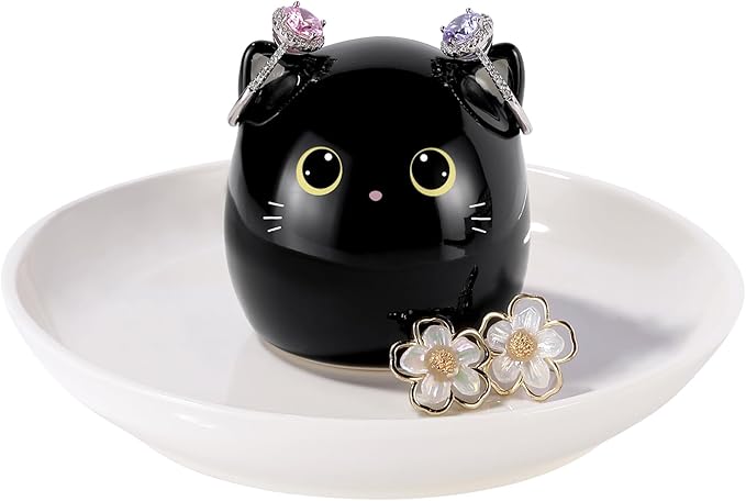 PUDDING CABIN Cat Lover Gifts for Women, Black Cat Ring Holder Dish for Jewelry Rings Earrings Necklace Watch Keys, Birthday Christmas Engagement Wedding Gifts